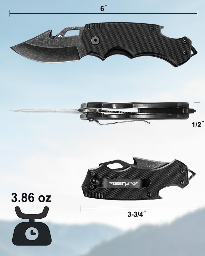 FLISSA Mini Folding Pocket Knife, 2.5-Inch Stainless Steel Drop Point Blade, EDC Pocket Knives for Men with Bottle Opener and Glass Breaker (Black) - Image 3